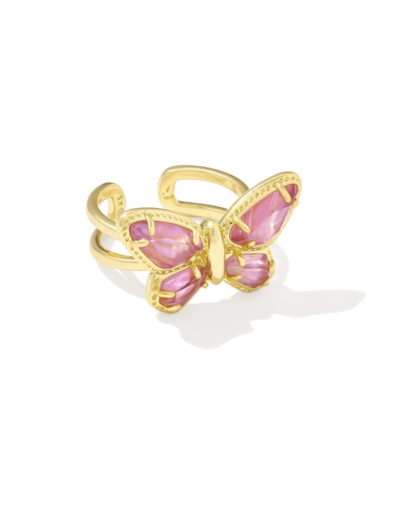 Dolly Parton x Kendra Scott Gold Butterfly Cocktail Ring in Light Pink Iridescent Abalone