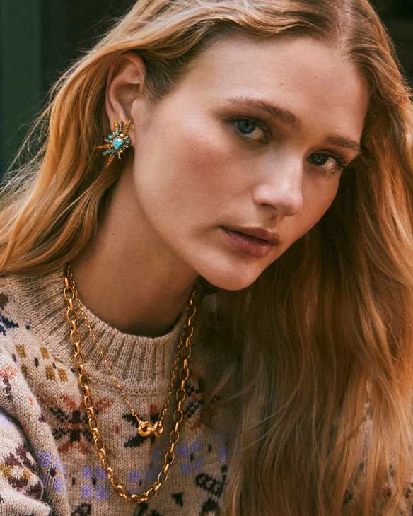 Serayah Vintage Gold Statement Stud Earrings in Teal Mix